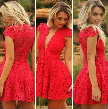 Fashion Women Lace Short-Sleeved Mini-Dress