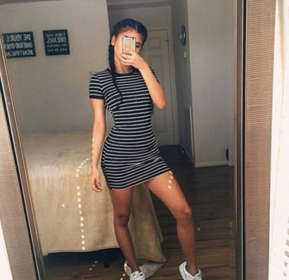 Round neck short-sleeved striped dress