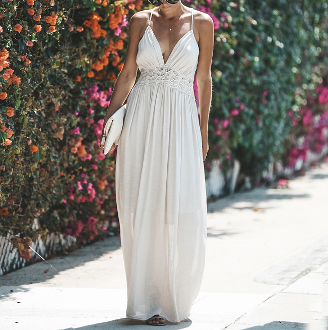 Solid Color Women'S Sexy V-Neck Sling High Waist Lace Dress