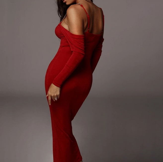 Chain Sling Off Shoulder Slim Sexy Long Sleeve Dress