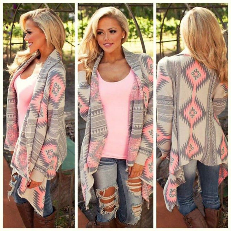 Printed long-sleeved knit cardigan jacket
