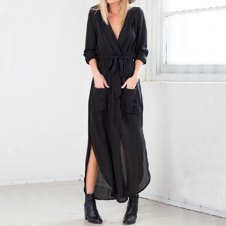 Black Deep V Neck Pockets Chiffon Dress