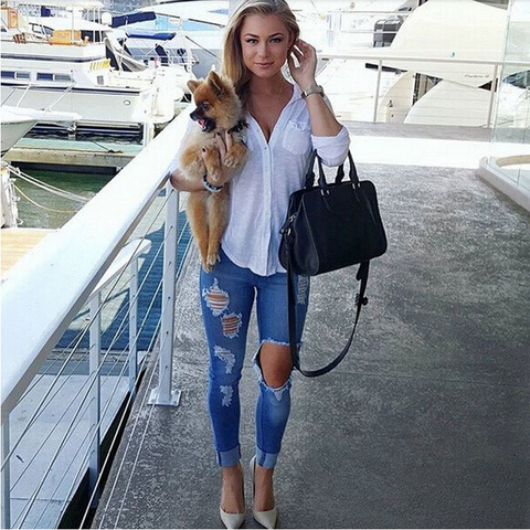 Casual Elastic Hole Denim Pants
