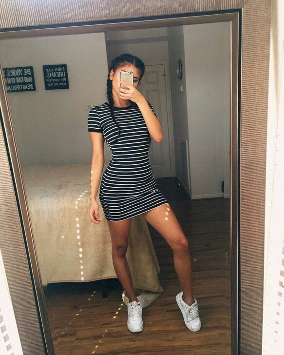 Round neck short-sleeved striped dress