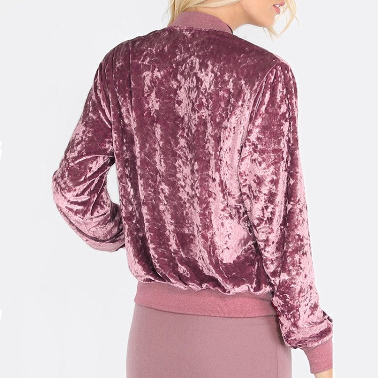 Pink Zip Up Ribbed Trim Velvet Bomber Jacket