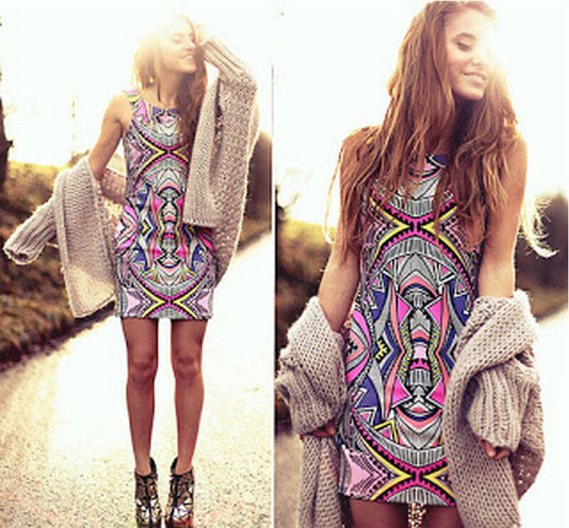 Retro Round Neck Sleeveless Printed Dress