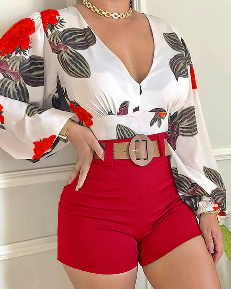 Women Floral Print Long Sleeve V-Neck Casual Two-Piece Set