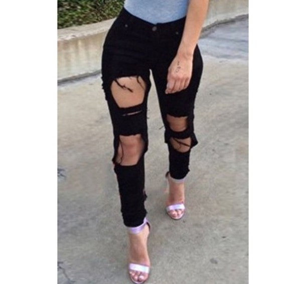 Sexy hole tight jeans stretch long pants