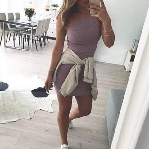 Fashion Sexy Solid Color Sling Sleeveless Dress