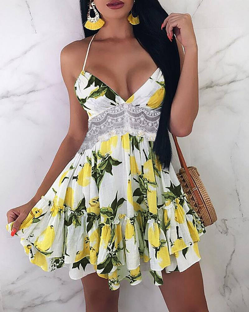 Sexy V-Neck Print Lace Sleeveless Dress