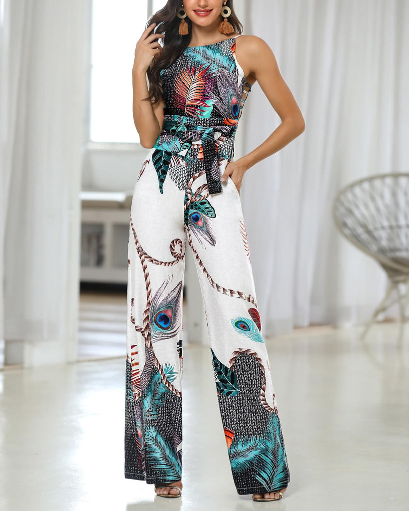 Sling Zipper Sleeveless Printed Jumpsuit