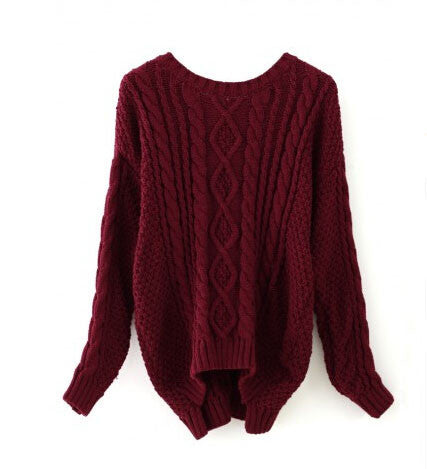 Wine Red Round Neck Cable Knit Sweater