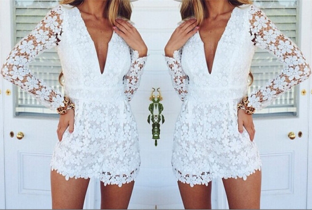 Deep V-Neck Long Sleeve Lace Jumpsuits