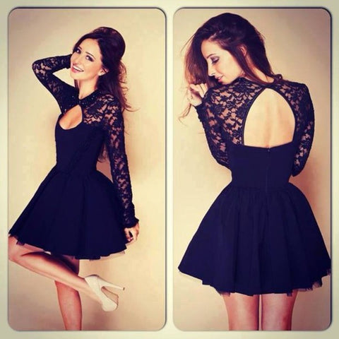 Lace Solid Color One-Neck Long-Sleeved Casual Dress
