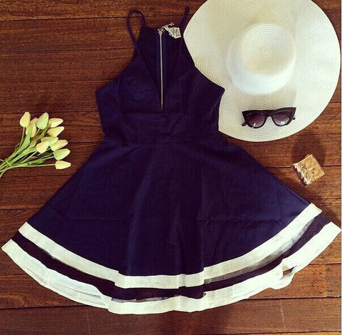 SEXY V NECK SLEEVELESS BLUE A LINE MINI DRESS