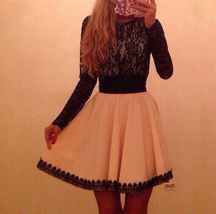 LONG SLEEVE V-NECK LACE PACKAGE HIP DRESS