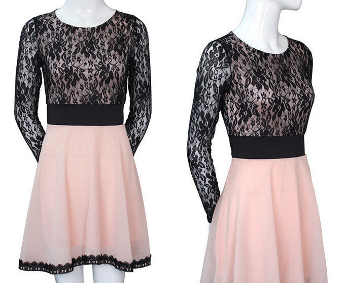 Elegant Round Neck Long-Sleeved Lace Dress