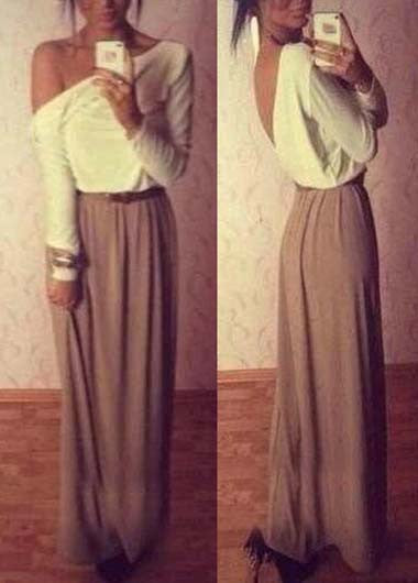 Off Shoulder V Back Long Sleeve Dress