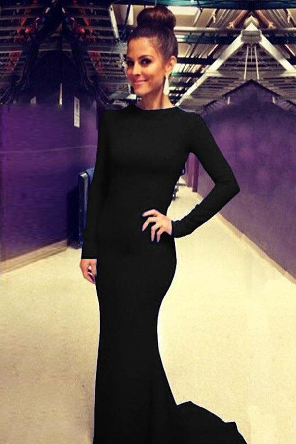 Sexy Black Cross Back Mermaid Design Long Sleeve Dress