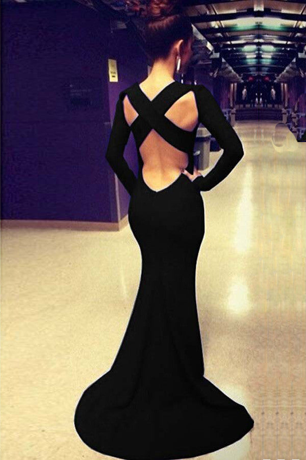 Sexy Black Cross Back Mermaid Design Long Sleeve Dress