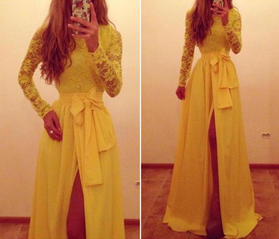 Gorgeous Lace And Chiffon Long Sleeve Dress With Bow