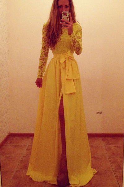 Gorgeous Lace And Chiffon Long Sleeve Dress With Bow