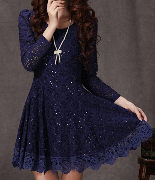 Ruffled Design Long Sleeve Lace Dress