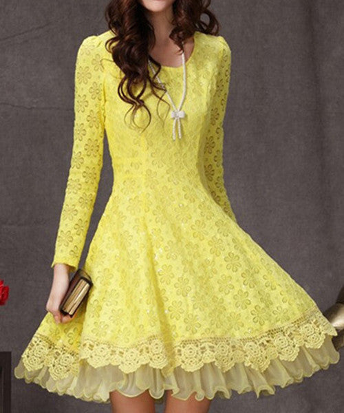 Ruffled Design Long Sleeve Lace Dress