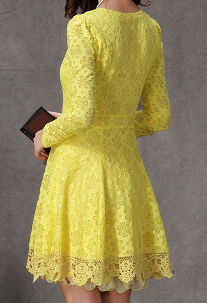 Ruffled Design Long Sleeve Lace Dress