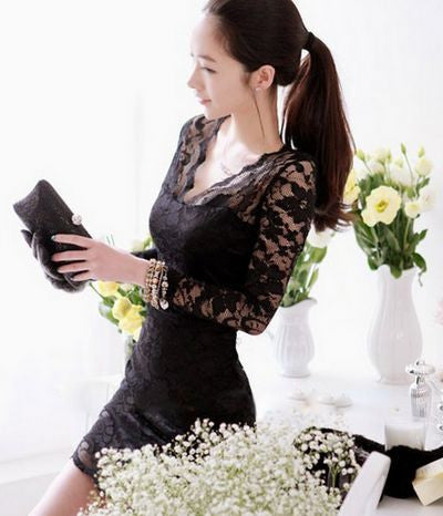 SEXY V NECK BLACK LACE DRESS