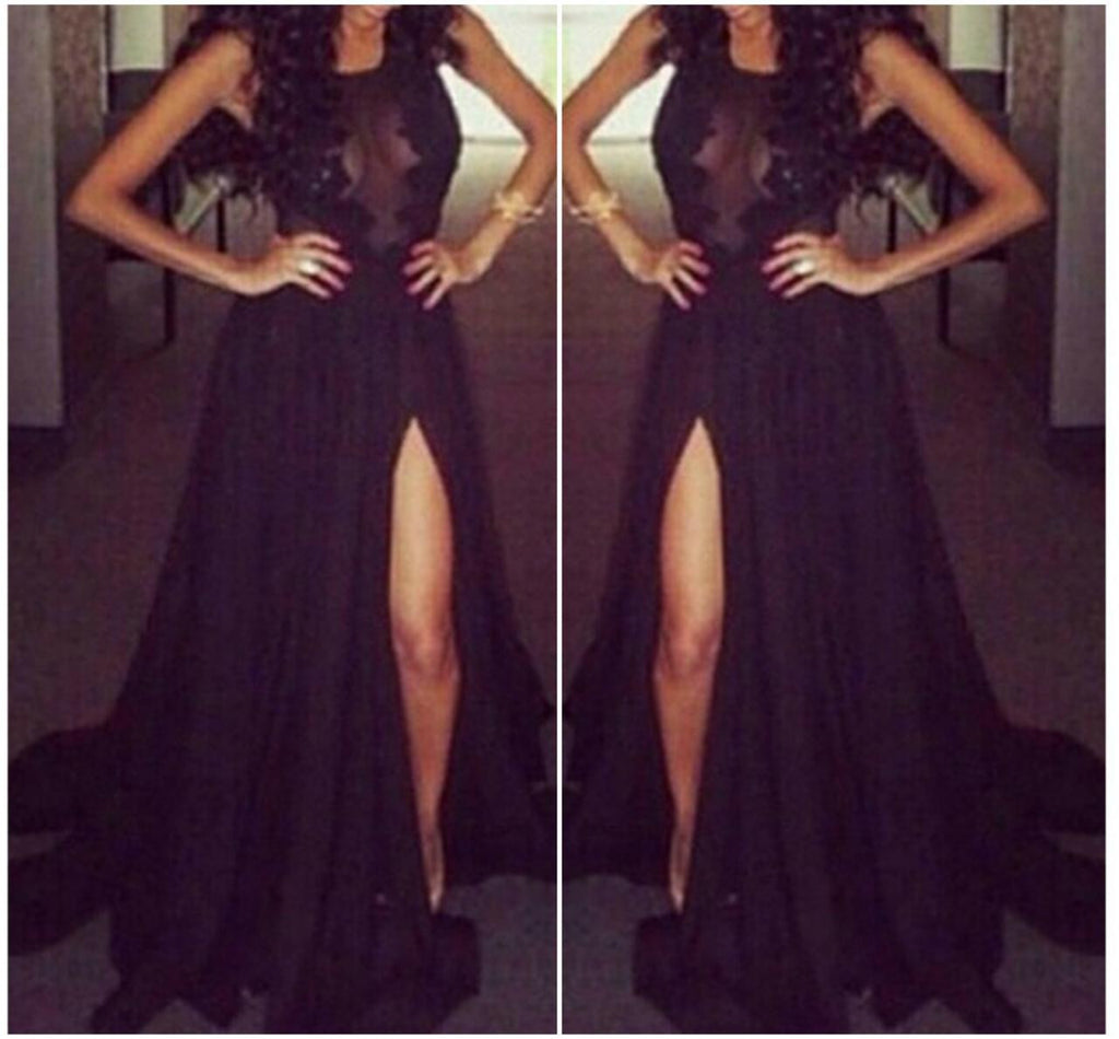 Elegant Black Lace And Chiffon Long Dress