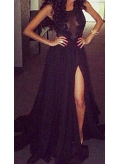 Elegant Black Lace And Chiffon Long Dress