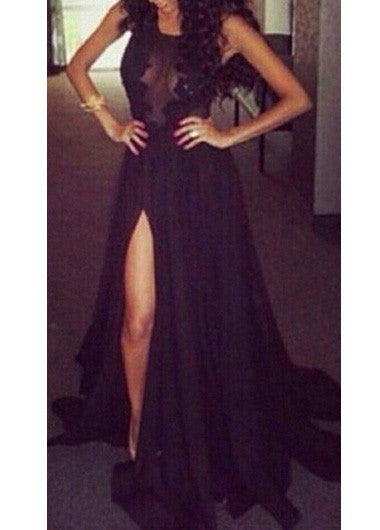 Elegant Black Lace And Chiffon Long Dress