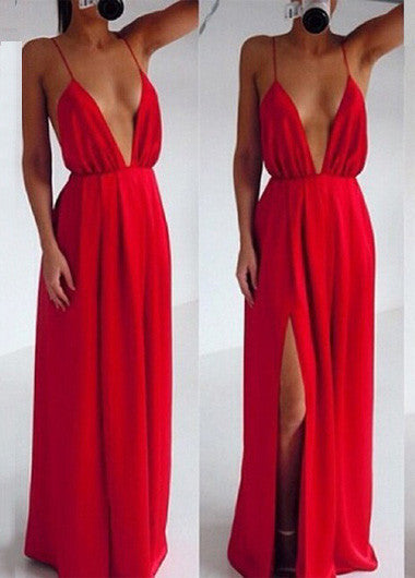 Fabulous Deep V Neck Maxi Dress In Red