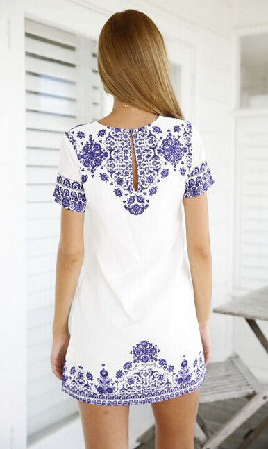 Retro Round Neck Short Sleeve Printed Dress