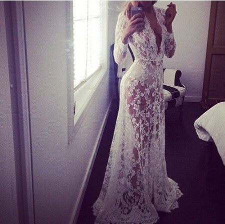 Gorgeous Lace And Chiffon Long Sleeve Dress With Bow
