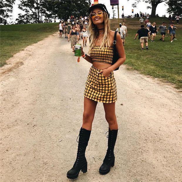 Summer Women's Fashion Hot Sale Bra Plaid Dress Bottom & Top