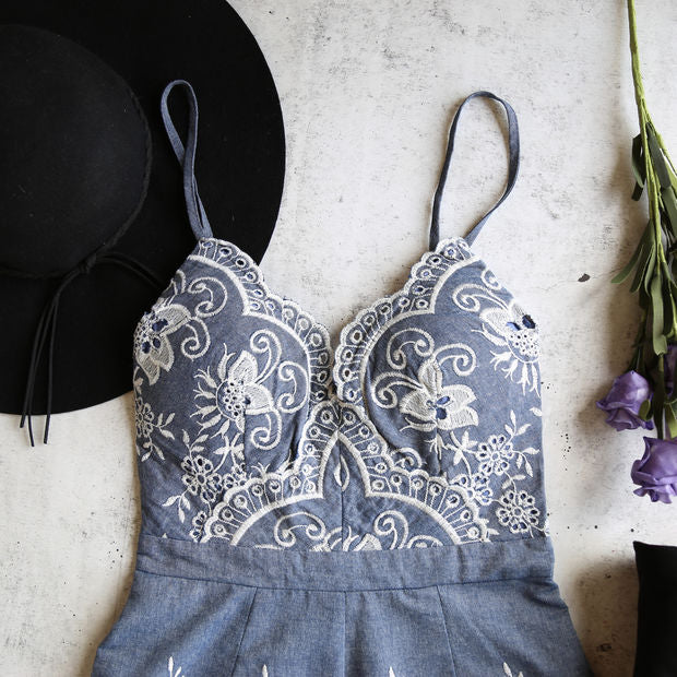 night rider embroidered romper - denim