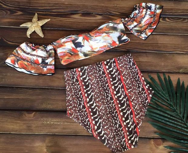 New bikini fold One word swimsuit printing Bathing suit