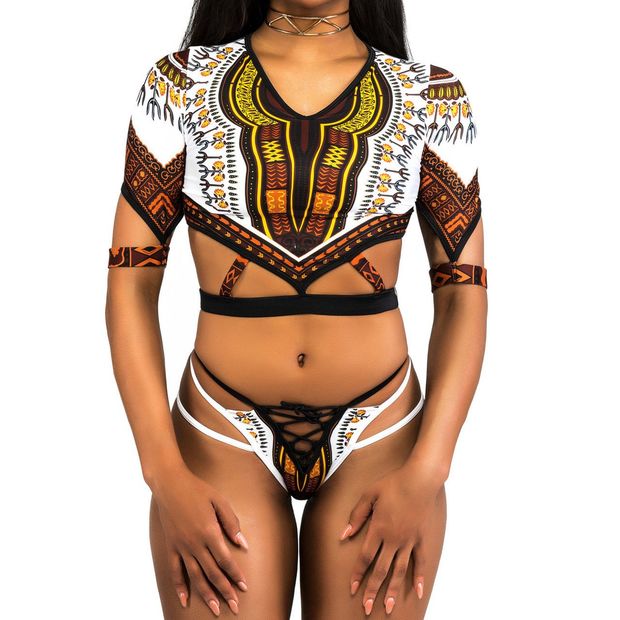 Personality Retro Ethnic Multicolor Totem Print Middle Sleeve Hollow Bandage Triangle Bikini Set Swimsuit Swimwear