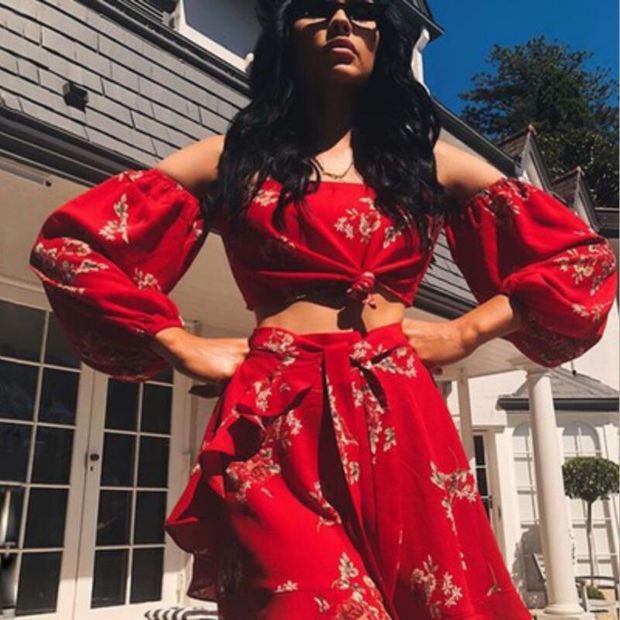 Spring Summer Trending Women Stylish Sexy Chiffon Red Flower Print Off Shoulder Long Sleeve Shorts Skirt Two Piece