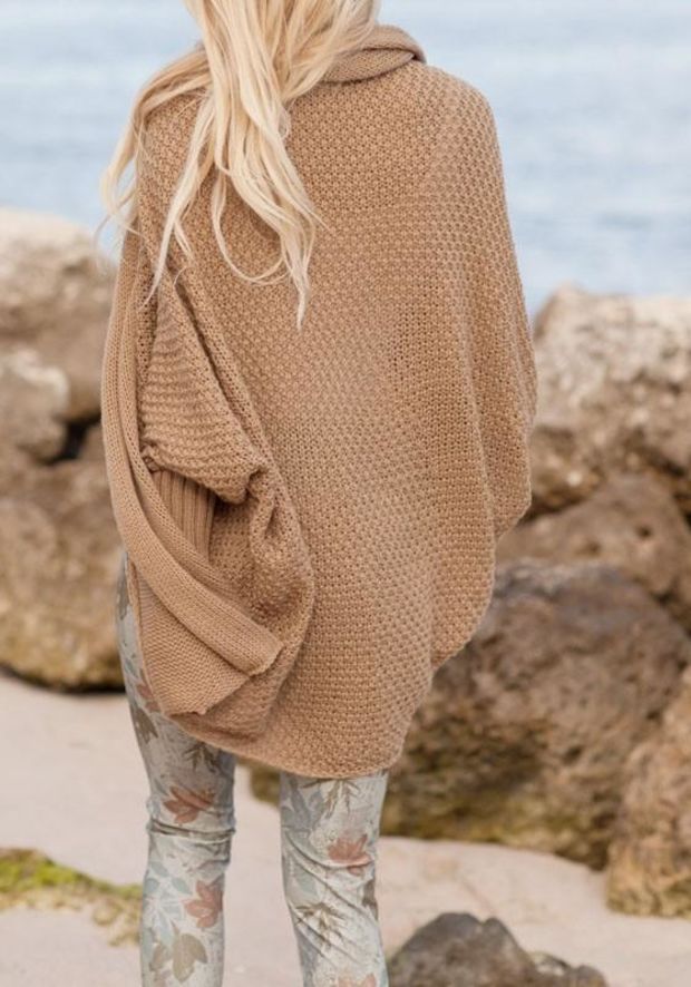 Khaki Irregular Turndown Collar Long Sleeve Casual Cardigan Sweater