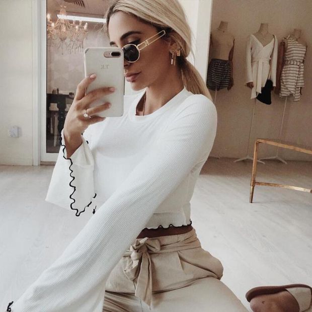 Women'S Solid Color Round Neck Long-Sleeved T-Shirt