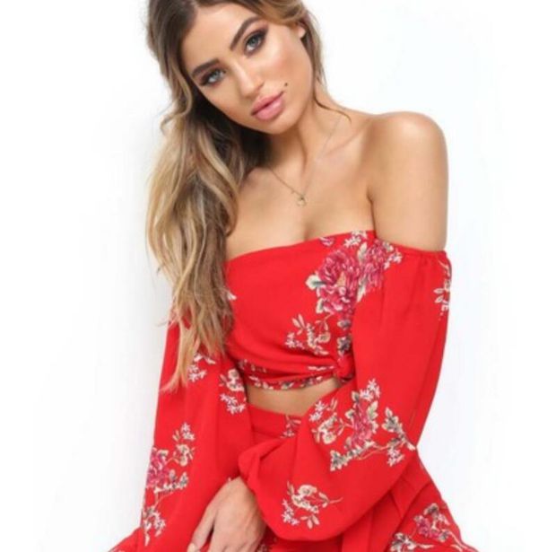 Spring Summer Trending Women Stylish Sexy Chiffon Red Flower Print Off Shoulder Long Sleeve Shorts Skirt Two Piece