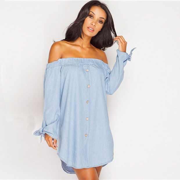 Butterfly Hot Sale Autumn Stylish Sexy Long Sleeve Denim One Piece Dress