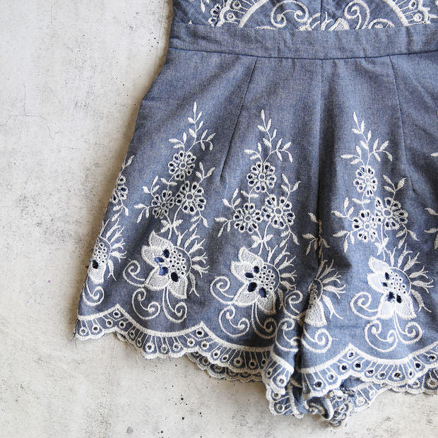 night rider embroidered romper - denim