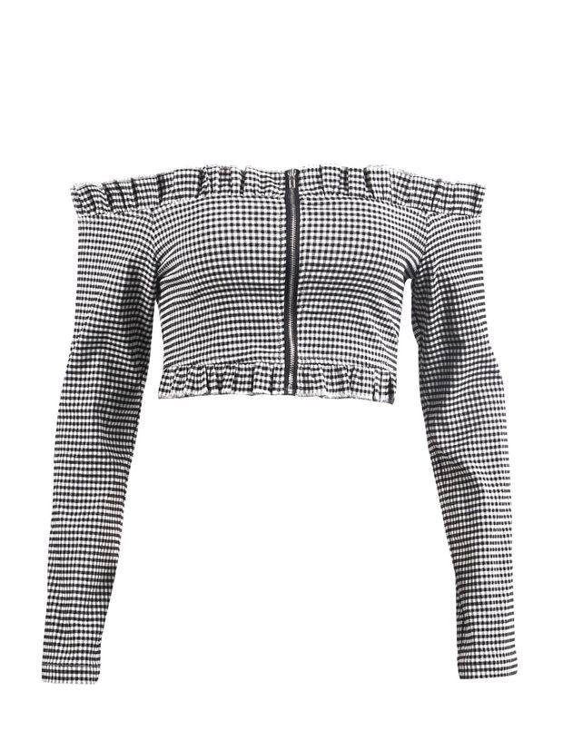 Black Off Shoulder Ruffle Trim Zip Front Long Sleeve Crop Top