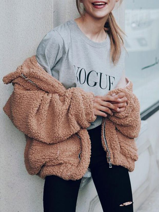 Khaki Lapel Long Sleeve Faux Shearling Coat