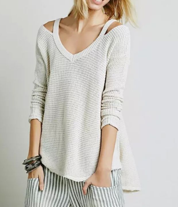 Moonshine Ribbed V Neck Long sleeves Loose Waffle Knit Flared Sweater