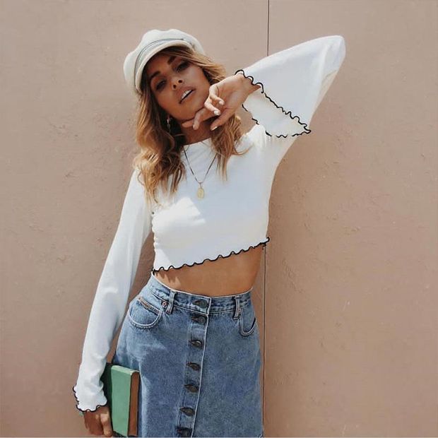 Women'S Solid Color Round Neck Long-Sleeved T-Shirt